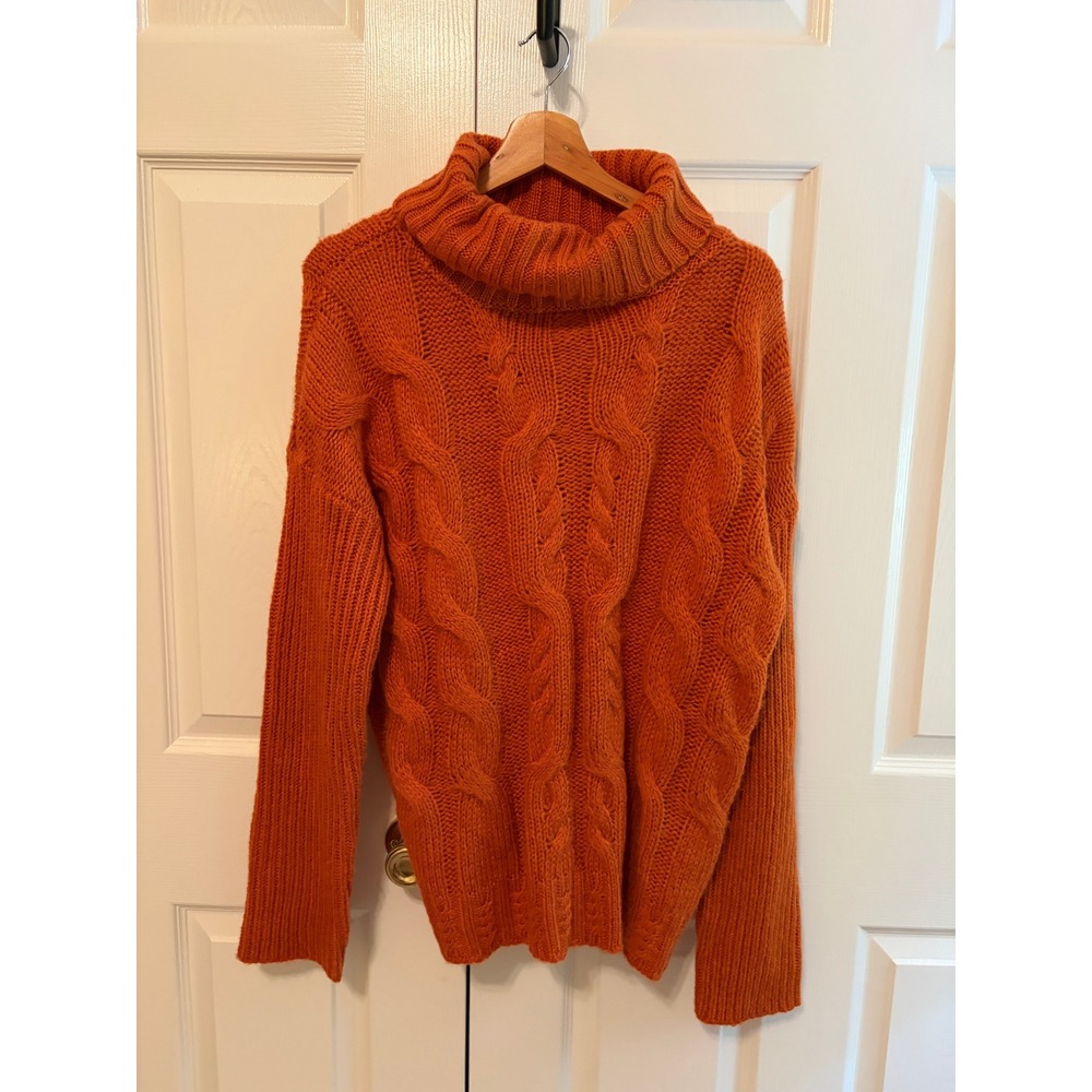 Hem & Thread Burnt Orange Cable Knit Turtleneck Sweater Large 7425